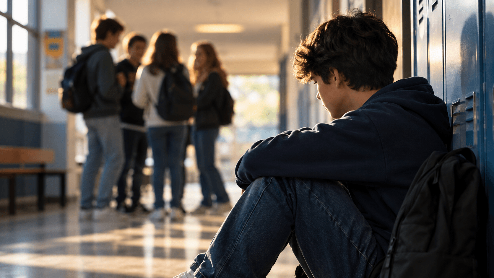 Un adolescent assis seul dans le couloir d’un établissement scolaire, tandis que d’autres élèves discutent au loin.