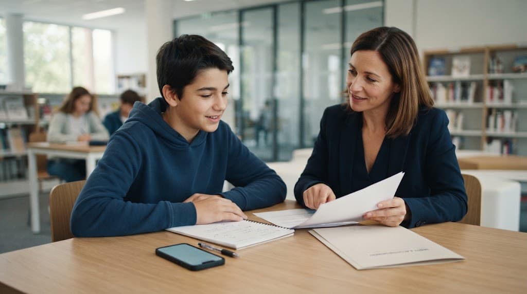 Un adolescent échange avec un adulte de confiance autour de documents et d'un smartphone, symbolisant l'accompagnement juridique et la protection face au harcèlement scolaire et au cyberharcèlement.