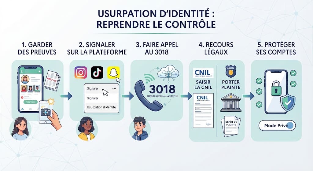 Infographie en 5 étapes sur fond bleu : « Usurpation d'identité : reprendre le contrôle »