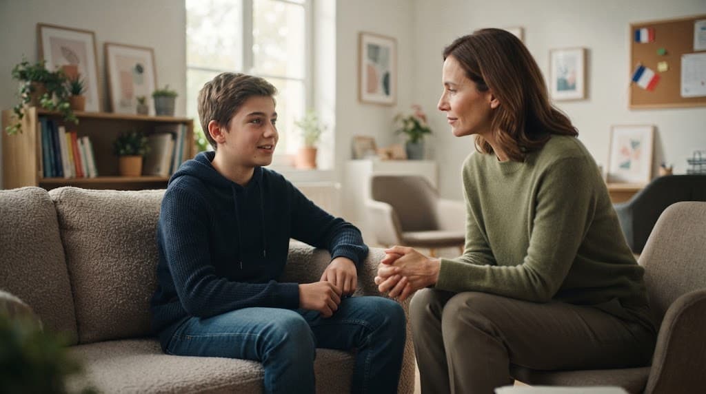 Un adulte écoute attentivement un adolescent dans un espace calme et rassurant.