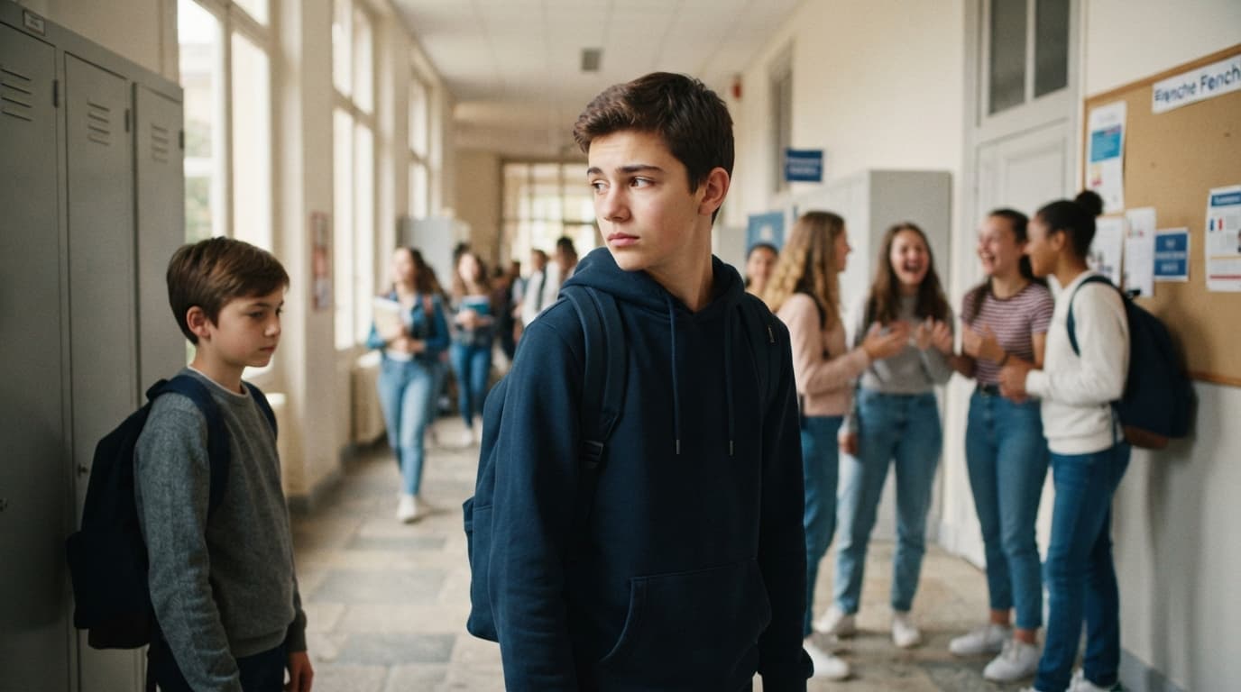 Un élève observe un autre adolescent isolé dans un couloir d’école, avec plusieurs élèves en arrière-plan.