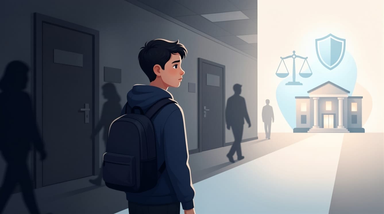 Un élève avance seul dans un couloir scolaire sombre, tandis qu’un chemin lumineux symbolisant le recours au Défenseur des droits s’ouvre devant lui.